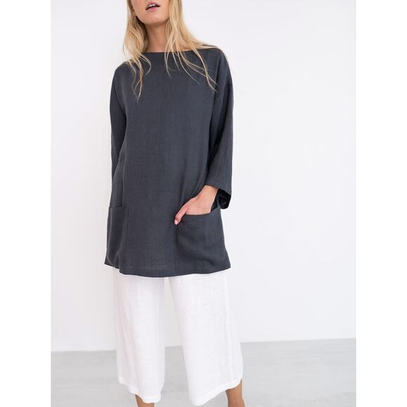 Love and Confuse Alexis Linen Tunic Top Black Front Pocket Lightweight Elegant - Picture 9 of 10